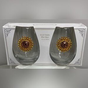 NIB Fall Sunflower Set of 2 Stemless Wine Glasses 15.5 oz Rhinestones Bling